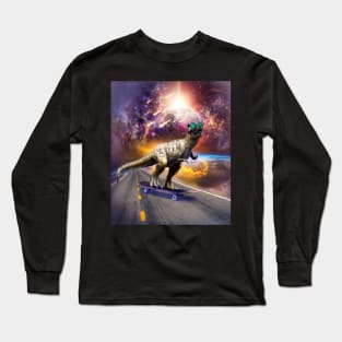 Dinosaur With Sunglasses On Skateboard In Space Long Sleeve T-Shirt